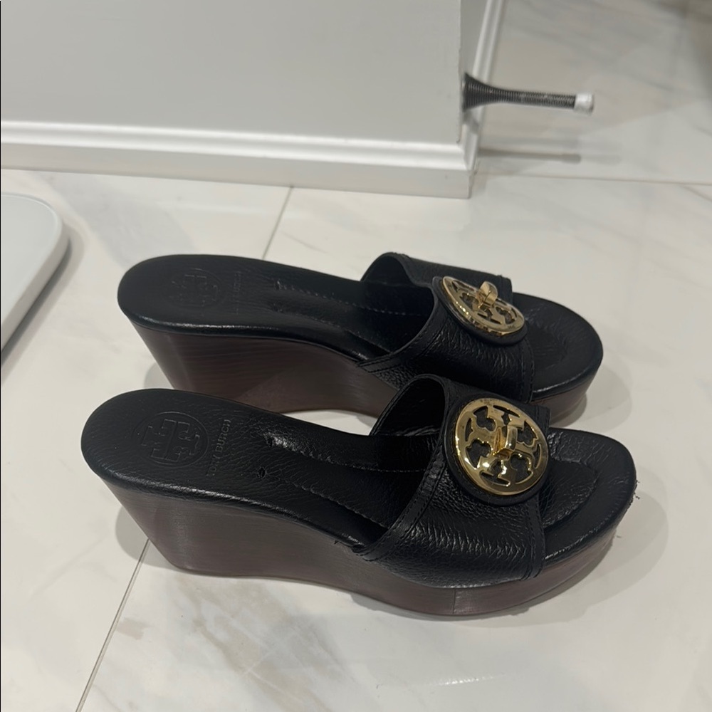 Tory Burch Black Wedge Shoes with Gold Medallion
